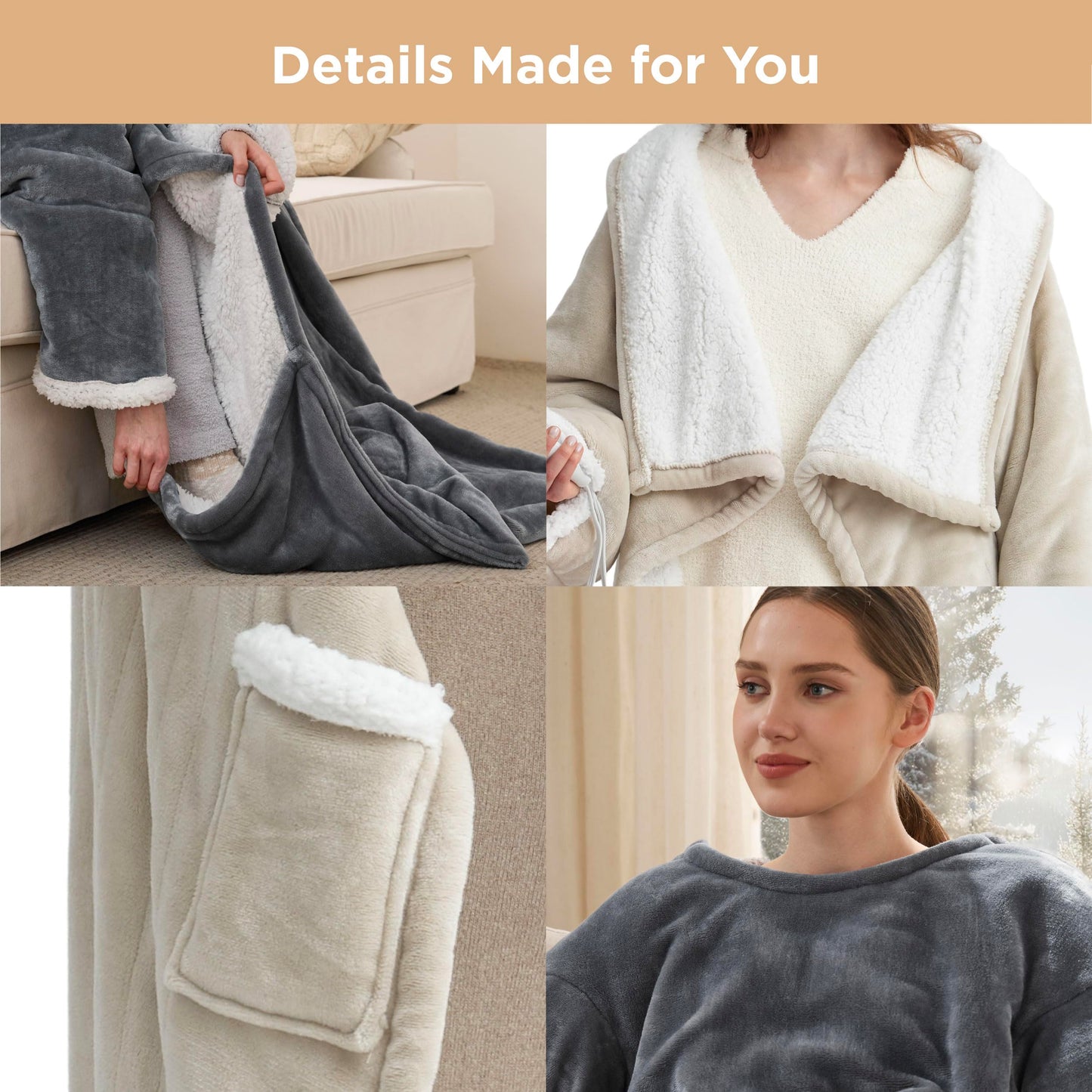 Bedsure Heated Blanket Wearable Shawl - Electric Wrap Poncho Blanket Hoodie for Adult, Birthday Gifts for Mom Women, Sherpa Heating Throw with 4 Time Settings & 6 Heat Settings, 55x64 inches, Grey