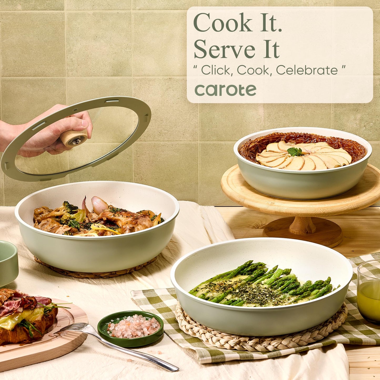CAROTE 25pcs Pots and Pans Set Non Stick, Cookware Sets, Kitchen Set, Oven/Dishwasher/Fridge Safe, Space Saving Pots Set, Nonstick Set with Versatile Detachable Handle, Induction RV Set, Green