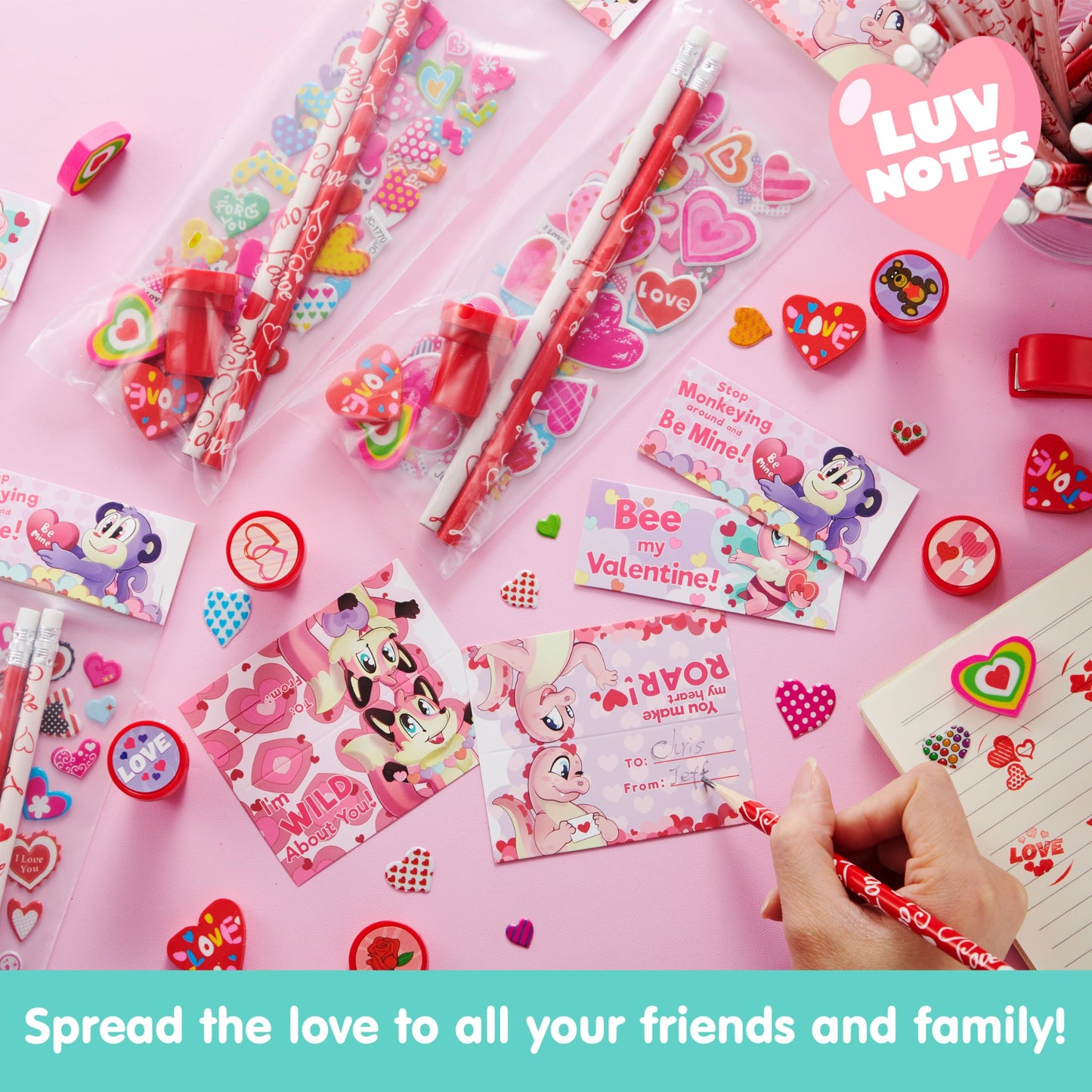 JOYIN 24packs Valentines Day Stationery Gifts, 96pcs Party Favor with Pencil, Erasers, Notebook & Bags for Kids School Classroom Exchange Supplies