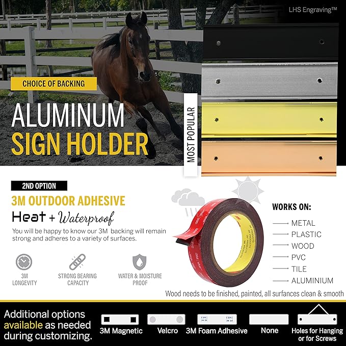 Horse Stall Name Plate, 2x12 Personalized Stall Signs, UV Protected, All Weather Adhesive, Hanging, Mounting or Other, Red Plastic Yellow Letters - Made in USA - B22