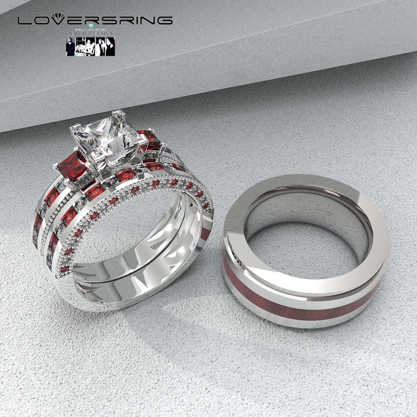 TWO RINGS Wedding Ring Sets His And Hers Promise Ring Couples Bridal Sets Women 925 Sterling Silver Red Ruby Man Titanium Brushed Finished Wedding Band