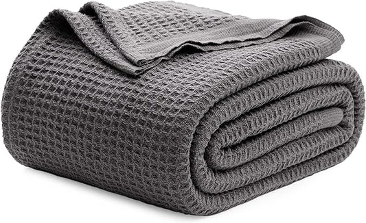 Bedsure 100% Cotton Large Throw Blanket for Couch 50x70 inches - Breathable and Soft, Waffle Weave Throw Blanket for Office, Dark Grey