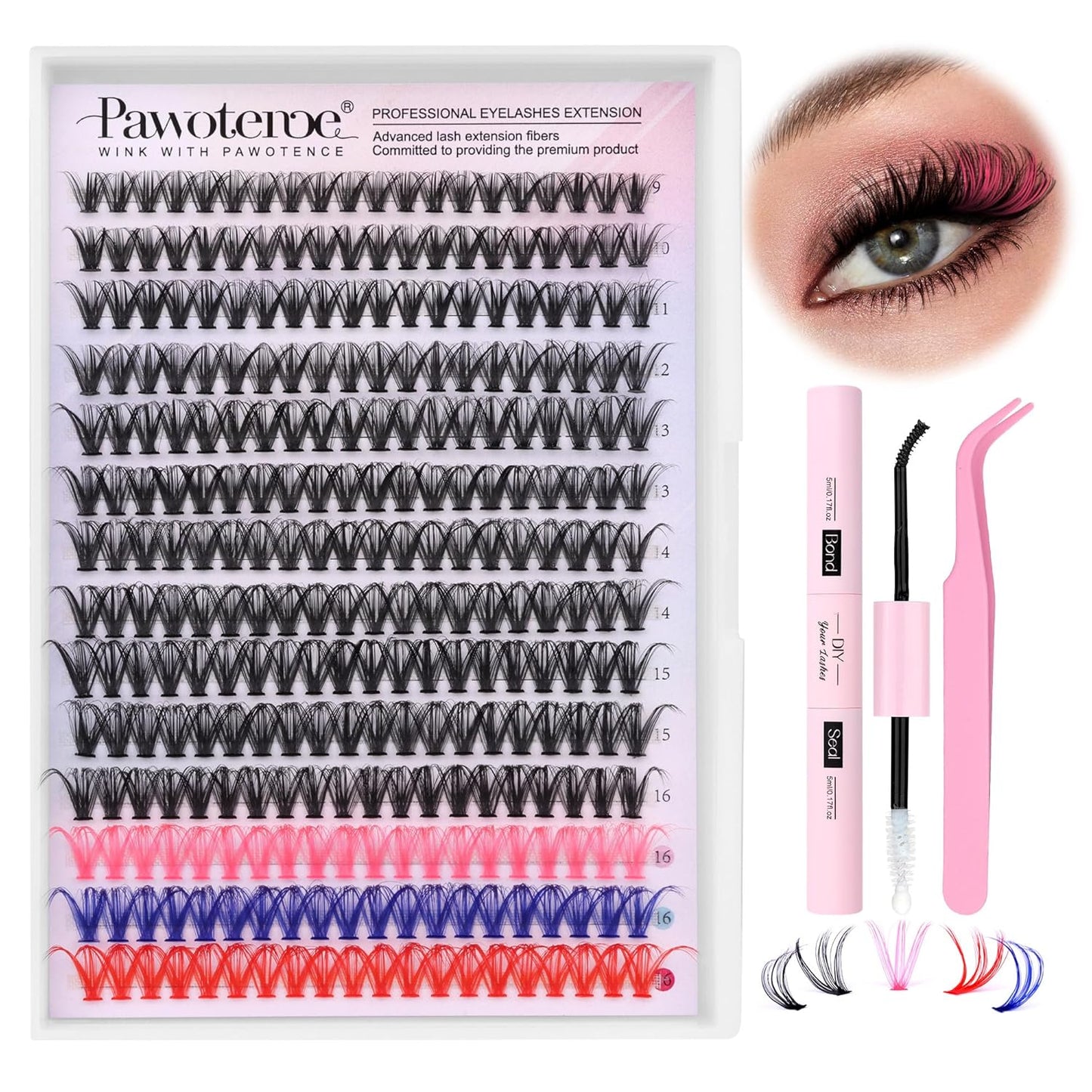 DIY Lash Extension Kit | 50D Individual Lash Clusters 9-16mm | Bond & Seal Included