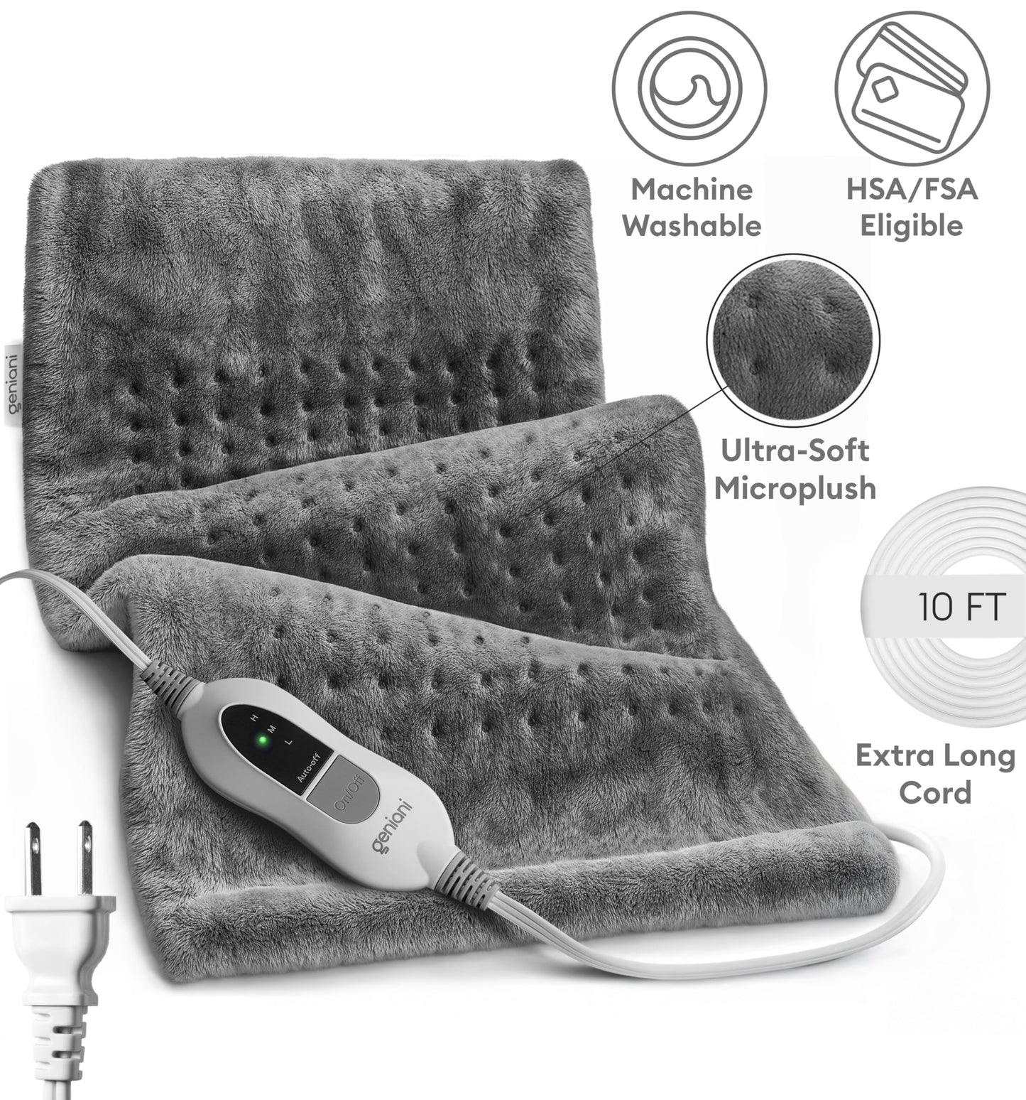 GENIANI Electric Throw - XL Electric Heating Pad for Back Pain & Cramps Relief, Birthday for Women Men Auto Shut Off, Machine Washable, Heat Pad for Neck & Shoulder, 12×24", Tabby Gray