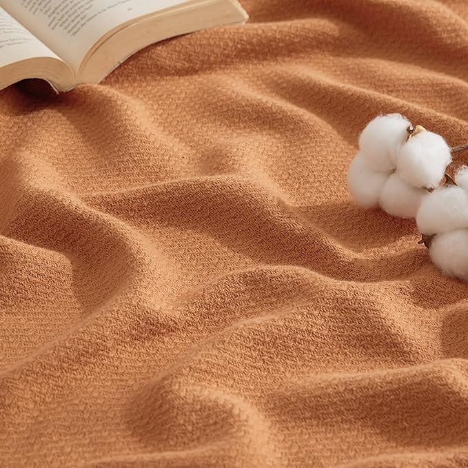 Bedsure 100% Cotton Blanket Queen Size for Bed - Breathable and Lightweight, Soft Cozy Textured Herringbone Woven Blanket for Summer Spring, Burnt Orange, 90x90 inches