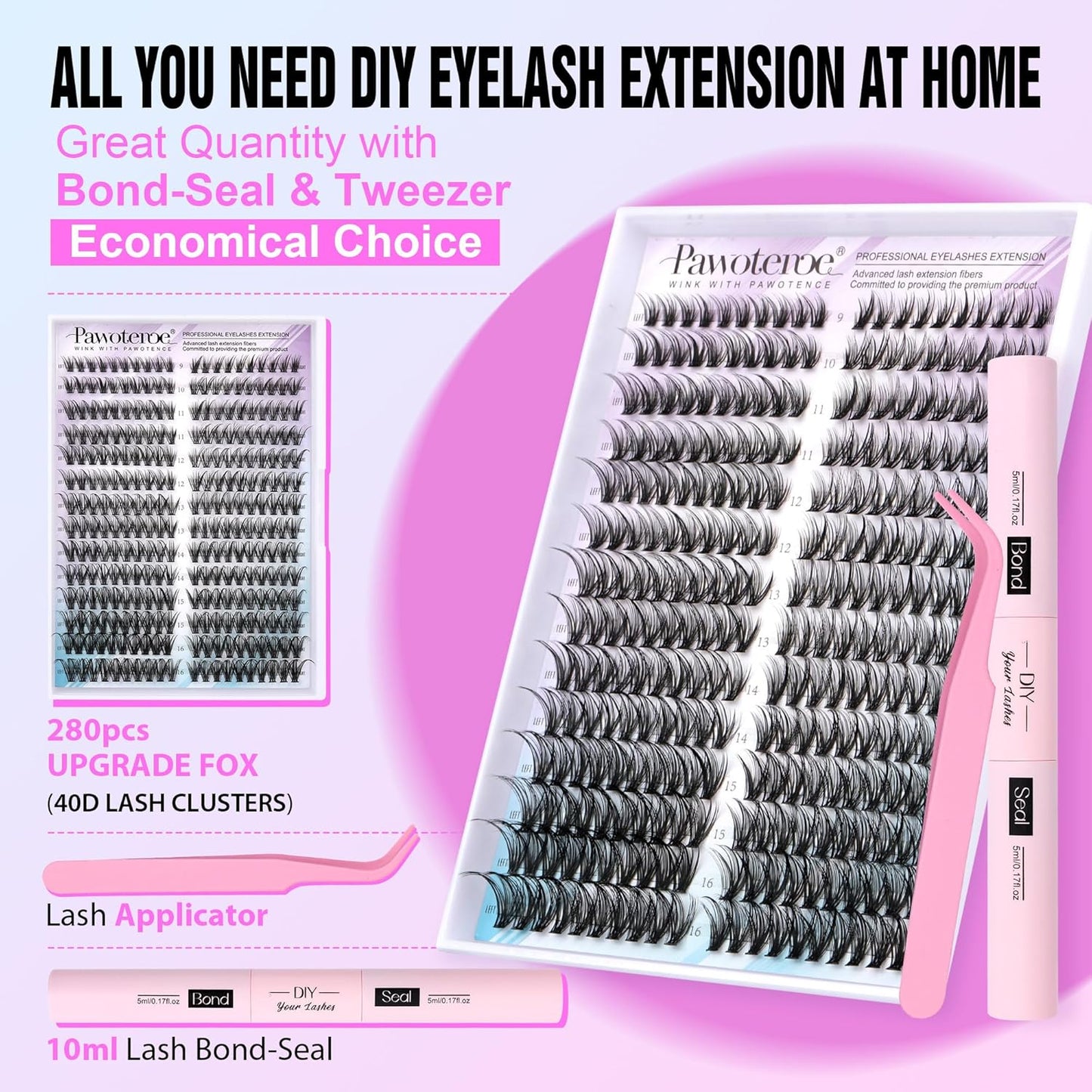 DIY Lash Extension Kit | 280 Pcs Mink 60D & 80D Clusters | Bond, Seal & Tweezers