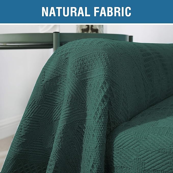 H.VERSAILTEX Cotton Sofa Covers Couch Cover Sofa Slipcover for Most Shape Sofas, Feature Thick Woven Jacquard Seamless with Tassels, Multi-Use Decorative for Couch (Medium: 71" x 91", Green)
