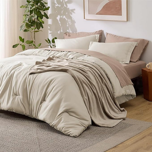 Bedsure Twin Comforter Set Beige, 6 Pieces Prewashed Twin Size Bed in a Bag with Soft Fleece Bed Blanket, Down Alternative Bedding Set for All Seasons, Sheets, Pillowcase & Sham