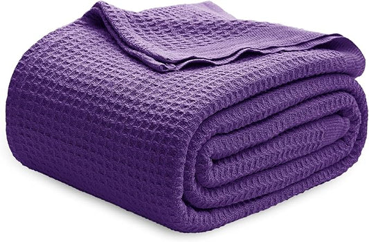 Bedsure 100% Cotton Blanket King Size for Bed - Breathable and Soft, Waffle Weave Blanket for Summer Spring, Purple, 104x90 inches