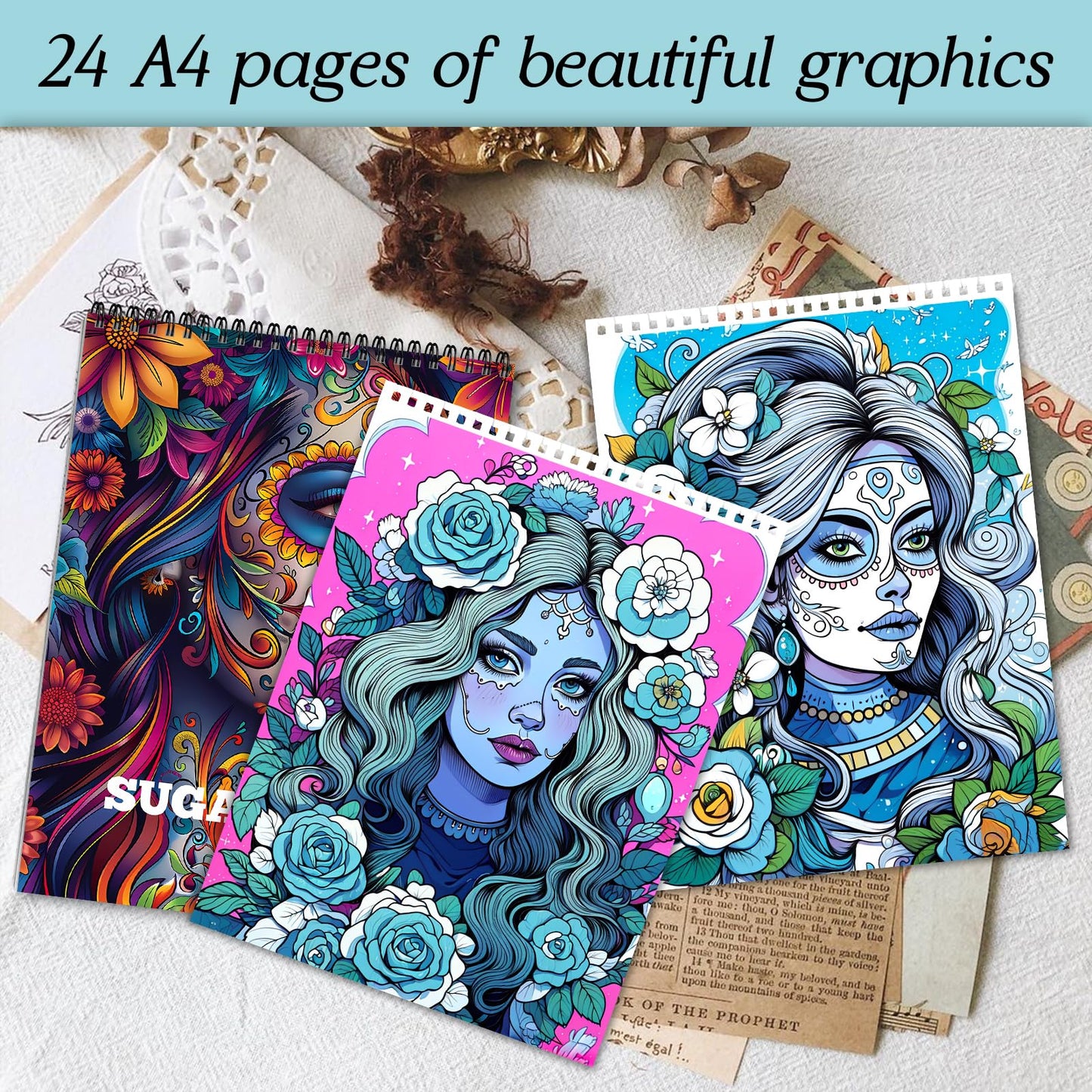 Sugar Skull Coloring Book for Adult Women Relaxation, Spiral Bound, Printed Single-Sided, Adult Coloring Book for Women with 24 Pages Arts and Crafts Sugar Skull Mindfulness Gift