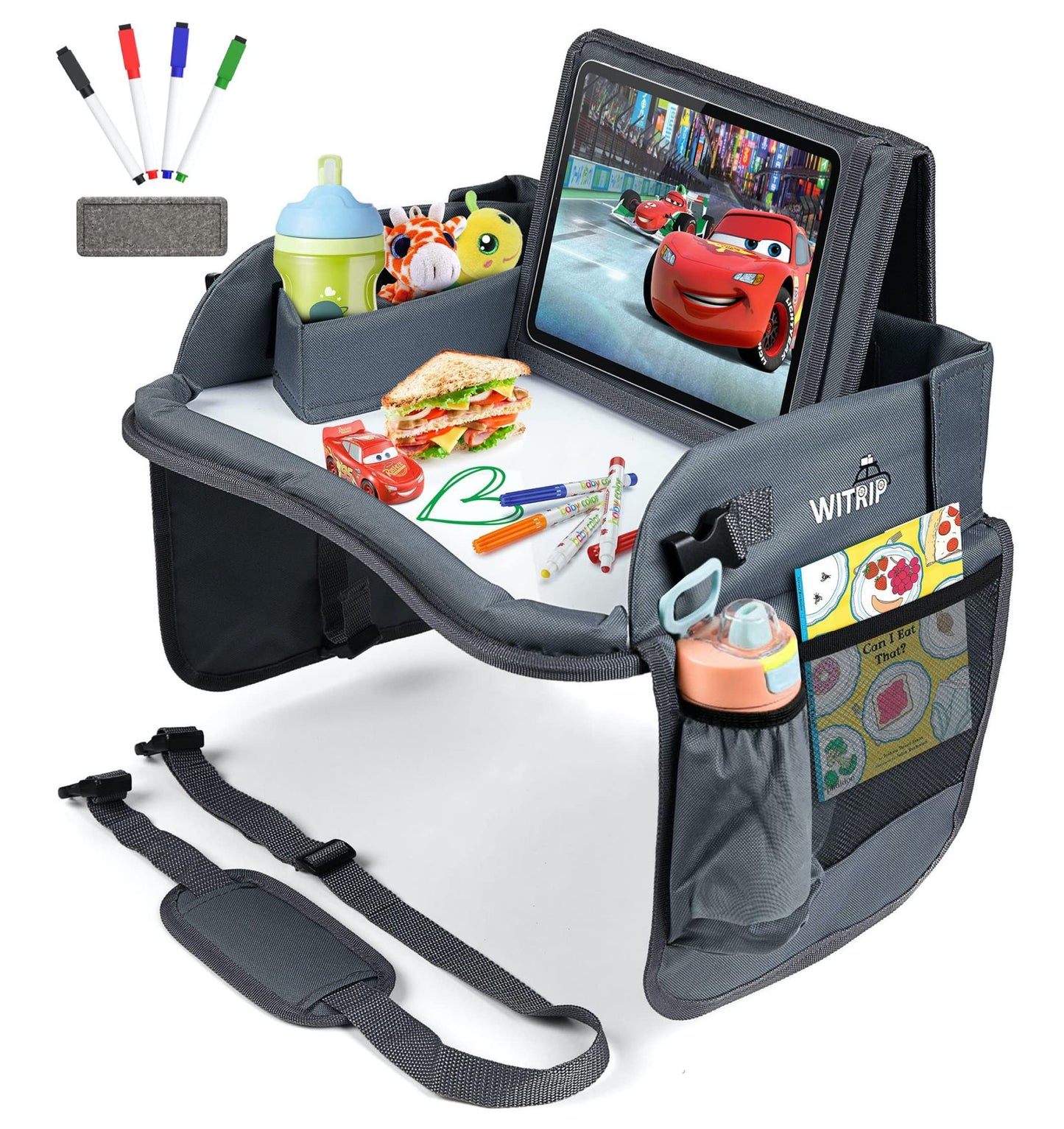 Kids Travel Tray with Dry Erase Board – Car Seat Tray for Kids Travel, Toddler Car Seat Table for Road Trips & Airplane Travel – No-Drop Tablet Holder, Snack & Activity Organizer (Pink Frame)