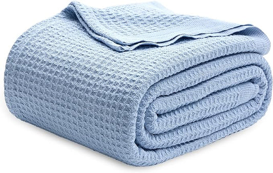 Bedsure 100% Cotton Blanket Queen Size for Bed - Breathable and Soft, Waffle Weave Blanket for Summer Spring, Sky Blue, 90x90 Inches