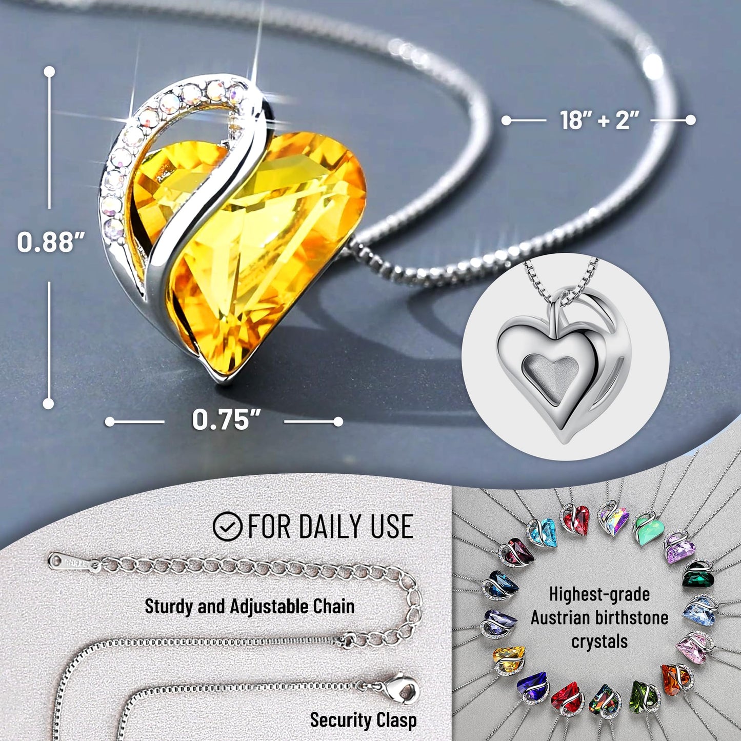 Leafael Valentine's Day Gift Necklaces for Women, Infinity Love Birthstone Heart Crystal Pendant, Birthday Anniversary Jewelry for Wife, Mom, and Her, Silver Plated, 18" + 2" Adjustable Chain