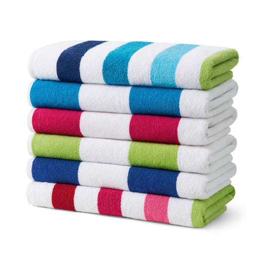 Ben Kaufman Cabana Stripe Beach & Pool Towel - Large Cotton Terry Beach Towel - Soft & Absorbant - Assorted Colors - 30" x 60" - 6 Pack