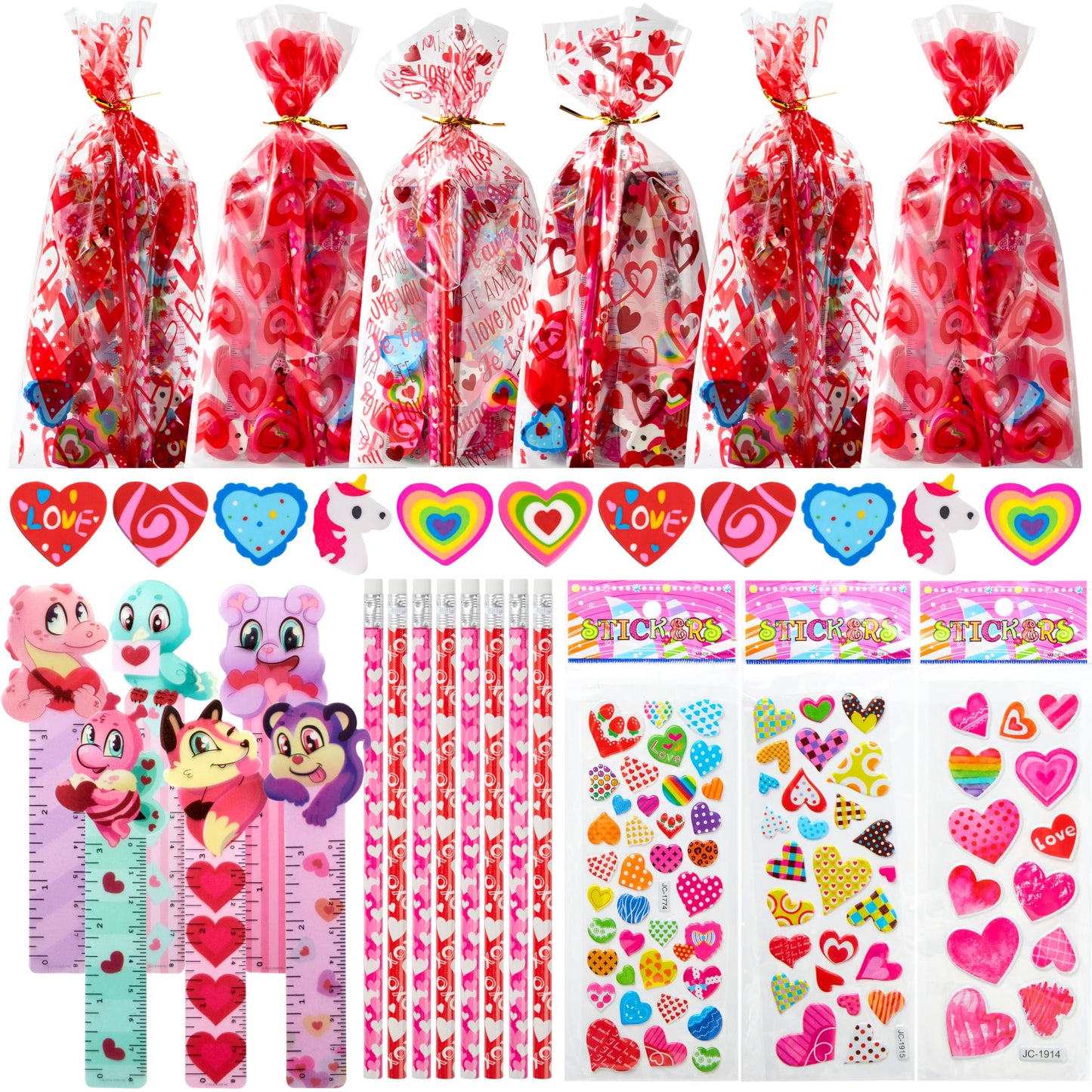 JOYIN 24packs Valentines Day Stationery Gifts, 96pcs Party Favor with Pencil, Erasers, Notebook & Bags for Kids School Classroom Exchange Supplies