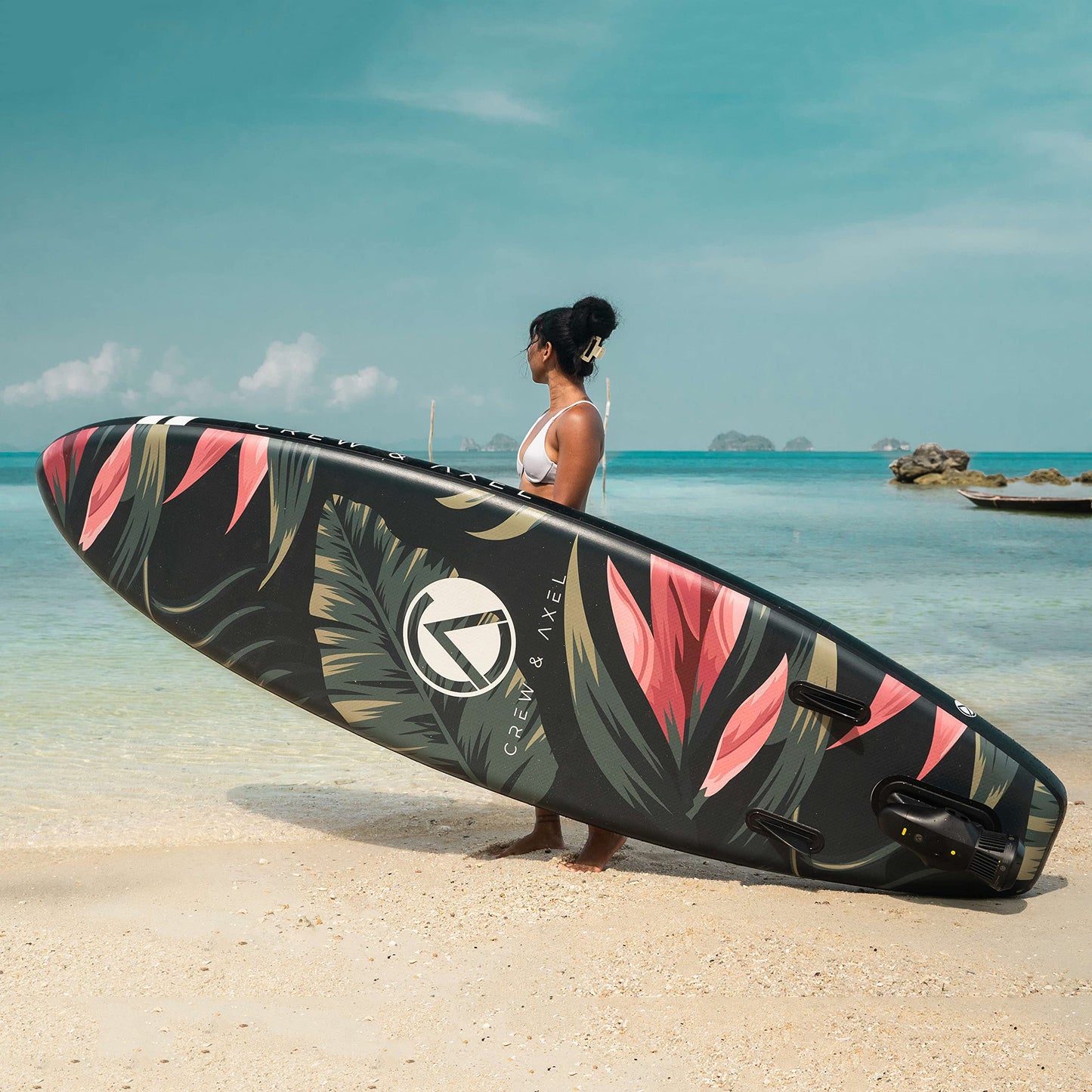 Crew Axel Inflatable Paddle Board 10’33’6” Extra Wide & Lightweight (18lb) Paddle Board – Premium SUP Set Includes 2 Bags, Floating Paddle, Camera Mount, 3 Fins, Dual Pump Kit (Floral 911)