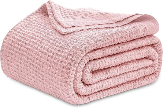 Bedsure 100% Cotton Blanket King Size for Bed - Breathable and Soft, Waffle Weave Blanket for Summer Spring, Pink, 104x90 inches