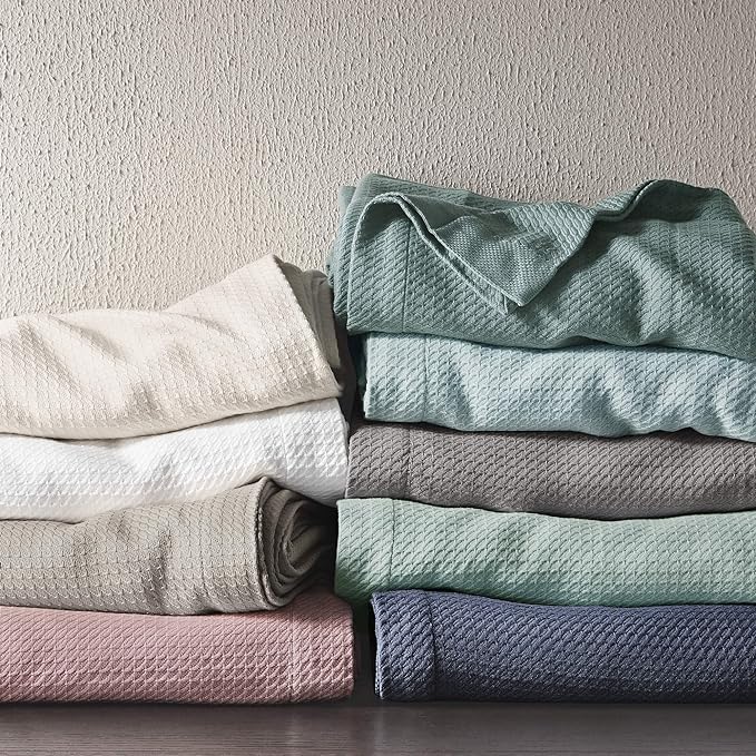 Madison Park Soft Certified 100% Egyptian Cotton Breathable Cozy Blanket, Premium Waffle Knit Classic Design, Luxury All Season Lightweight Cover for Bed, Couch and Sofa, Blue Full/Queen(90"x90")