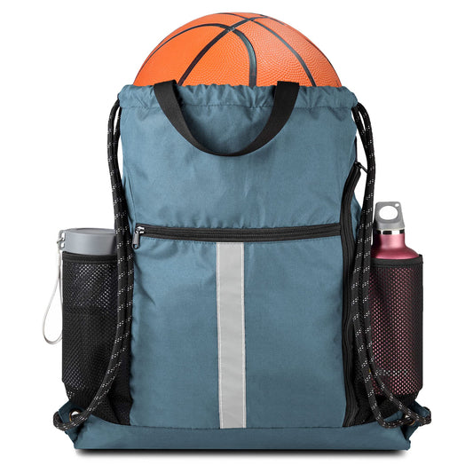 BeeGreen Blue Sport Cinch Bag String Backpack with Shoe Compartment and Two Side Mesh Pockets Machine Washable Sturdy Gymsack Drawstring Sackpack