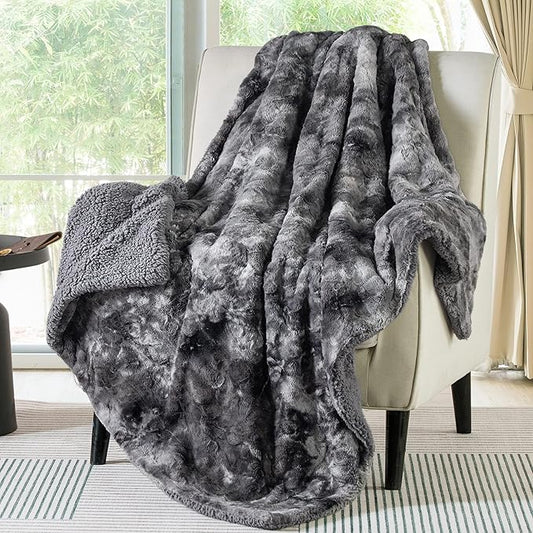 Bedsure Sherpa Blanket Twin Size - Soft, Fuzzy & Fluffy Faux Fur - Warm, Cozy Blanket for Couch, Sofa and Bed, Tie Dye Design, Grey, 60x80 Inches