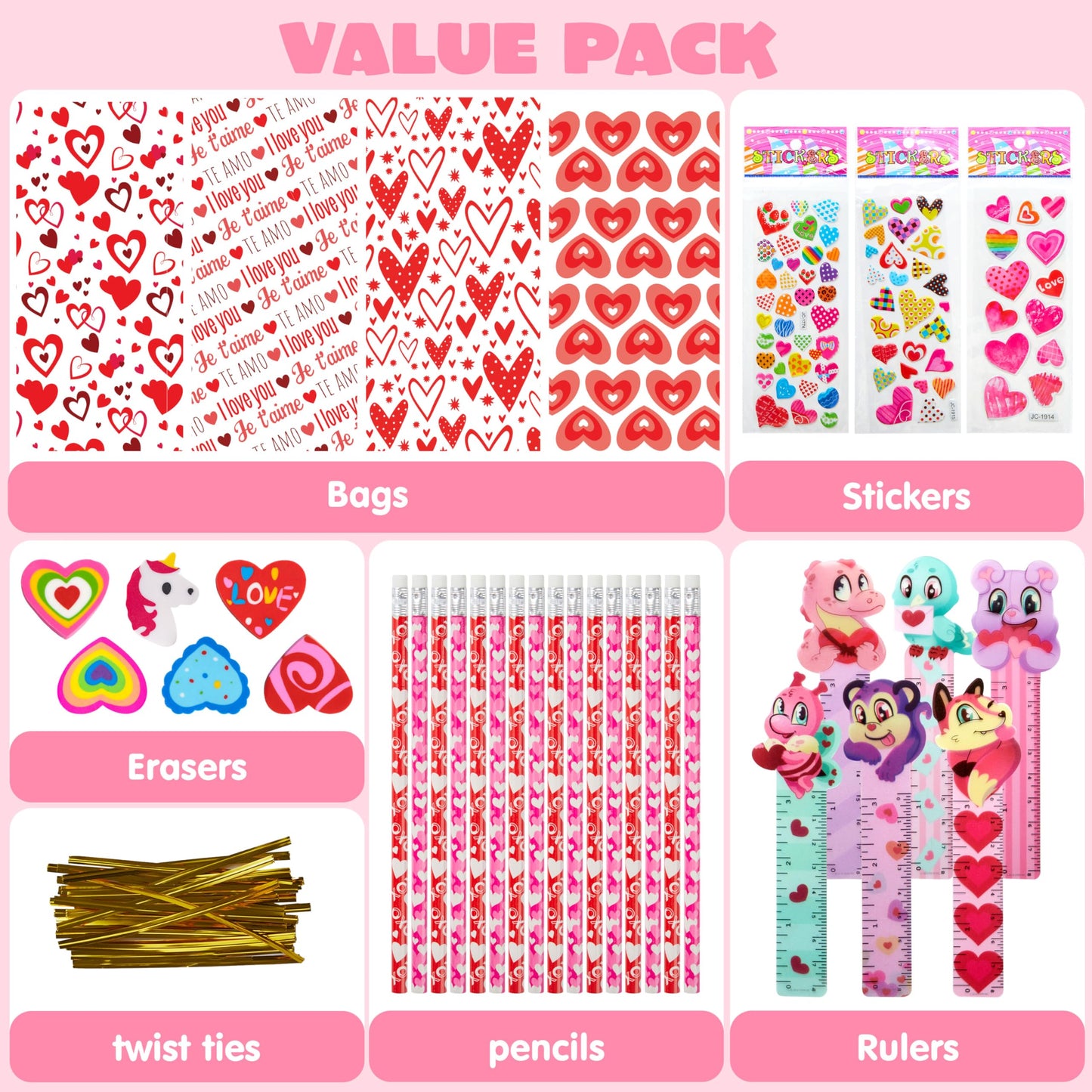 JOYIN 24packs Valentines Day Stationery Gifts, 96pcs Party Favor with Pencil, Erasers, Notebook & Bags for Kids School Classroom Exchange Supplies