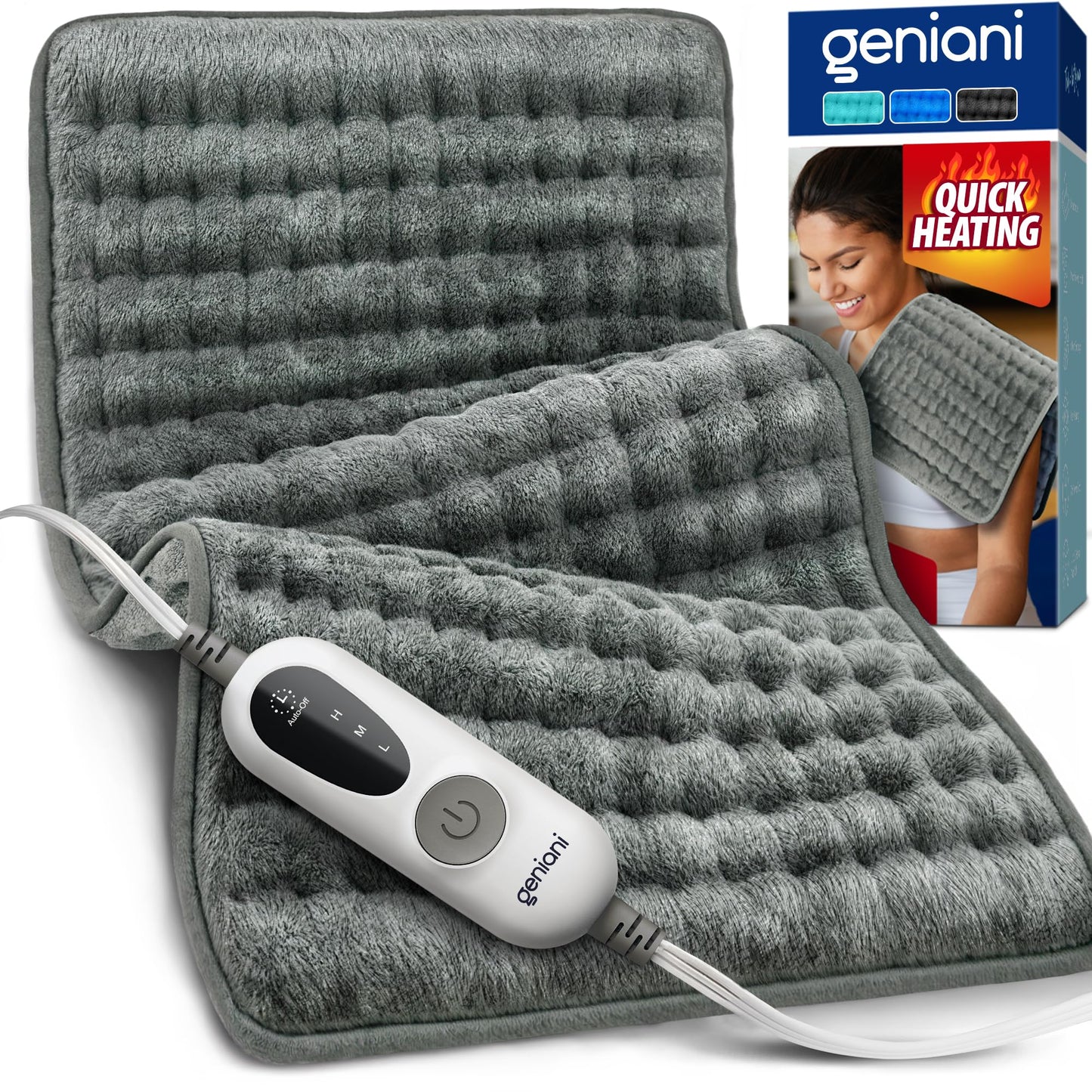GENIANI Electric Throw - XL Electric Heating Pad for Back Pain & Cramps Relief, Birthday for Women Men Auto Shut Off, Machine Washable, Heat Pad for Neck & Shoulder, 12×24", Tabby Gray