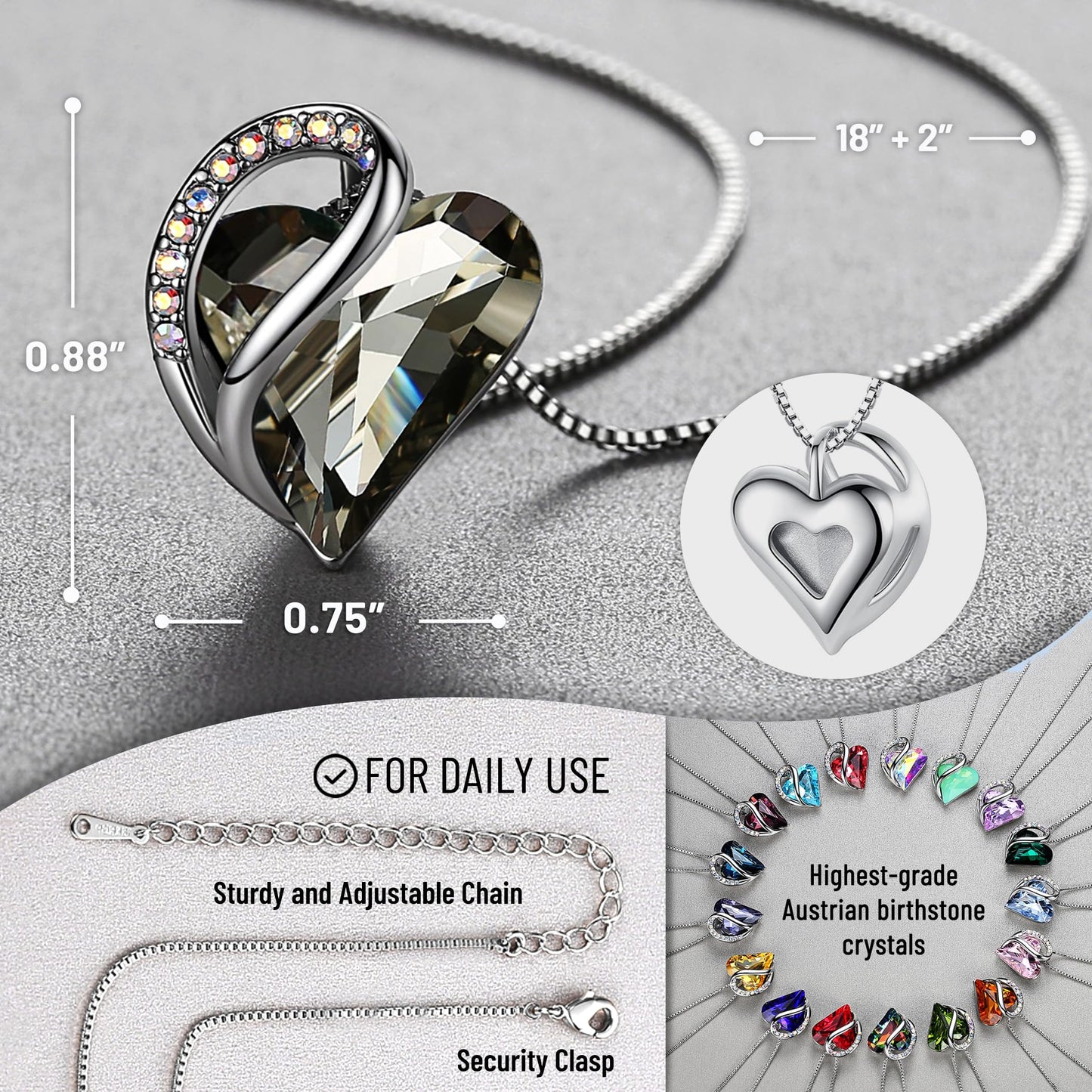 Leafael Valentine's Day Gift Necklaces for Women, Infinity Love Birthstone Heart Crystal Pendant, Birthday Anniversary Jewelry for Wife, Mom, and Her, Silver Plated, 18" + 2" Adjustable Chain
