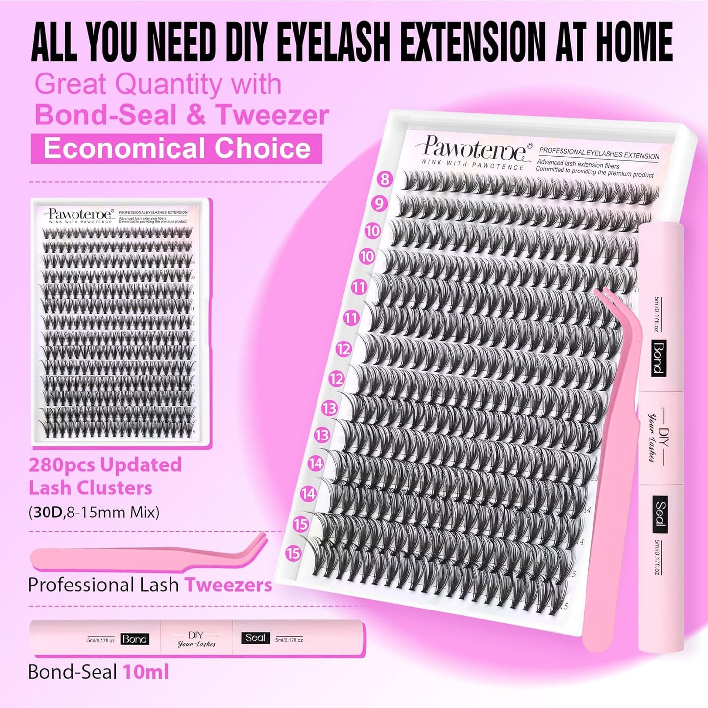 80D Full Volume Eyelash Clusters Kit | DIY Lash Extensions with Bond & Tweezers