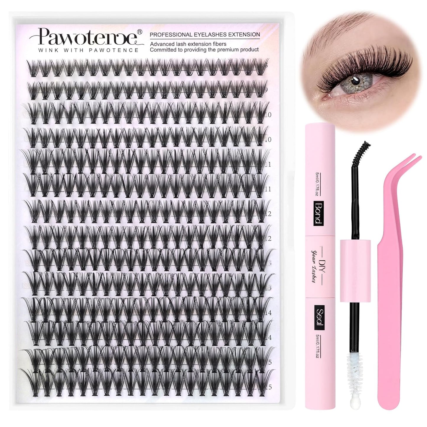 DIY Lash Extension Kit | 50D Individual Lash Clusters 9-16mm | Bond & Seal Included