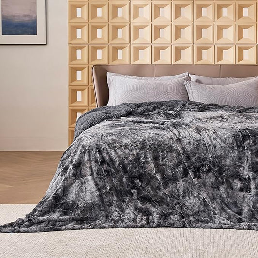 Bedsure Sherpa Blanket Queen Size - Soft, Fuzzy & Fluffy Faux Fur - Warm, Cozy Blanket for Couch, Sofa and Bed, Tie Dye Design, Grey, 90x90 Inches
