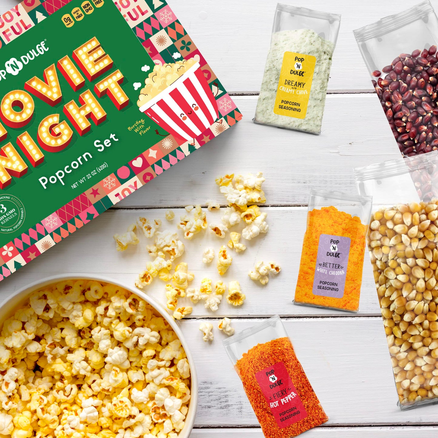 Movie Night Christmas Gifts - Holiday Popcorn Gift Baskets Gift Sets - 5 Non-GMO Gourmet Kernels and 5 Popcorn Flavoring - Perfect Family Gifts ideas for Adults, Couples, Parties, Holidays, or Movie Lovers - 10 Pack