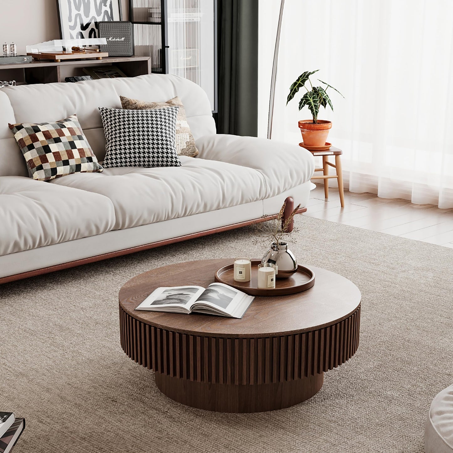 BSYEIO 31.5'' Round Coffee Table with Storage, Modern Luxury Circle Drum Center Tables with Solid Wood Veneered, Accent Side Coffee Table for Living Room, Bedroom, Apartment-Walnut