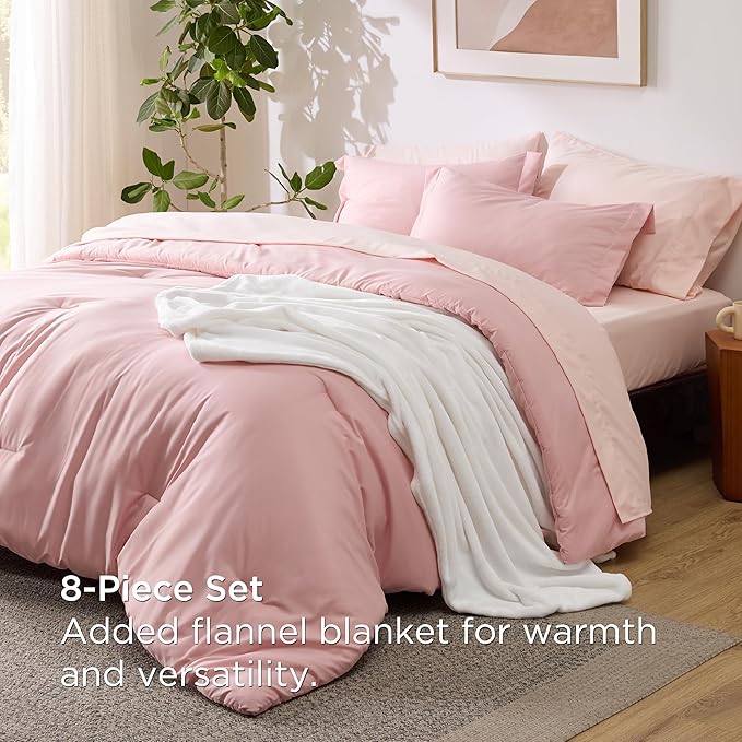 Bedsure King Comforter Set Pink, 8 Pieces Prewashed King Size Bed in a Bag with Soft Fleece Bed Blanket, Down Alternative Bedding Set for All Seasons, Sheets, Pillowcases & Shams