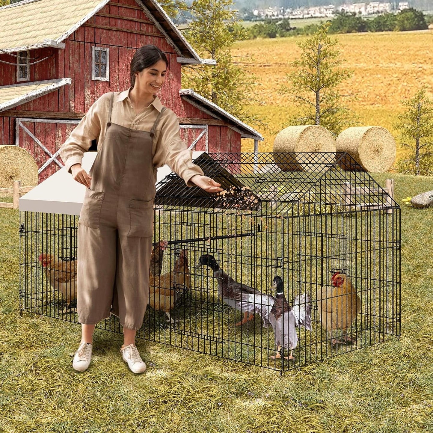 Pinypikaka Metal Chicken Coop with Waterproof Cover, Poultry Cage, Walk in Hen House, Outdoor Backyard Farm Animal Enclosure Crate, Pet Playpen Exercise Pen for Rabbit Duck Hen, 86" L x 40" W x 40" H