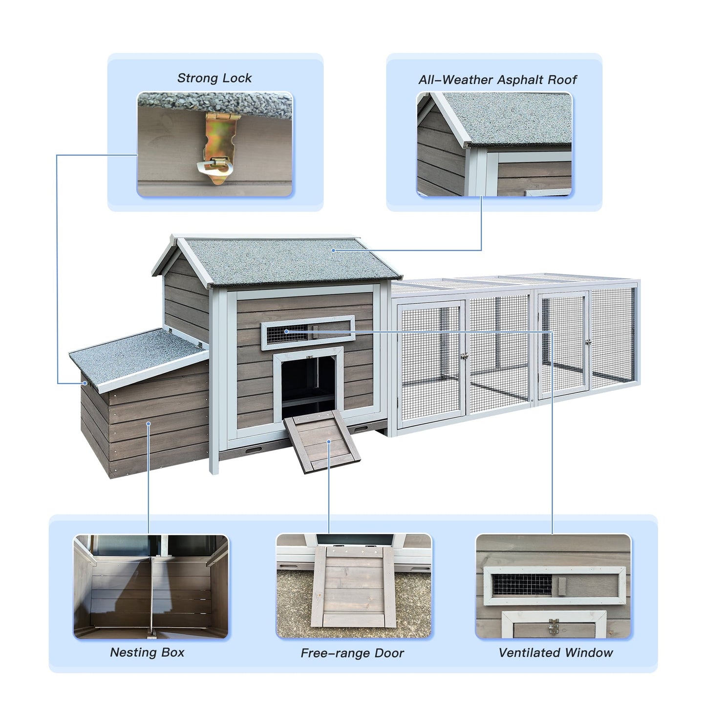 Coowa 118" Wooden Outdoor Chicken Coop Hen House Poultry Cage with Free - range Doors & Nesting Box
