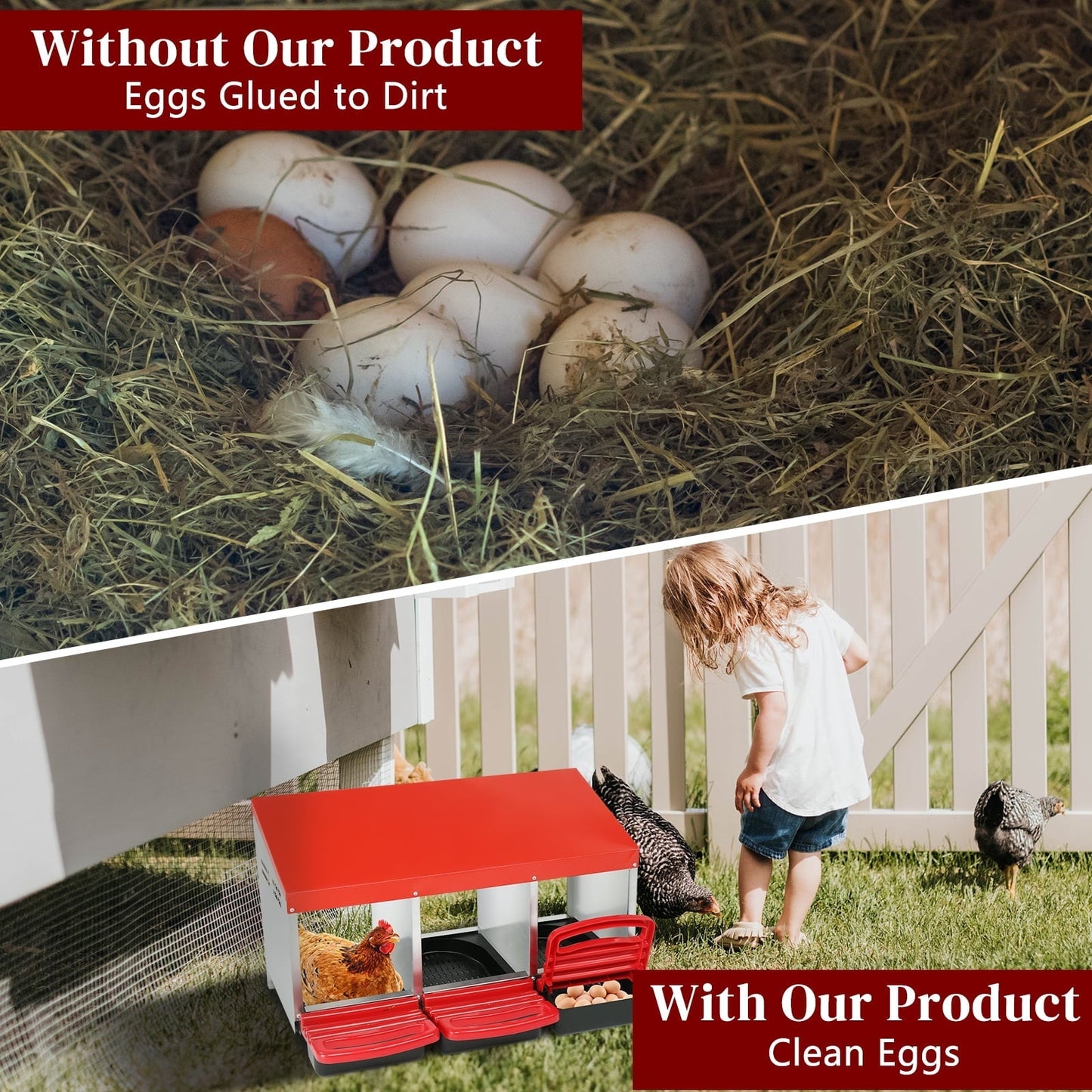 Xilee Chicken Nesting Box, 3 Compartments Chicken Laying Box, Hanging Nesting Box with Egg Saver, Perch Cover for Hen,Red