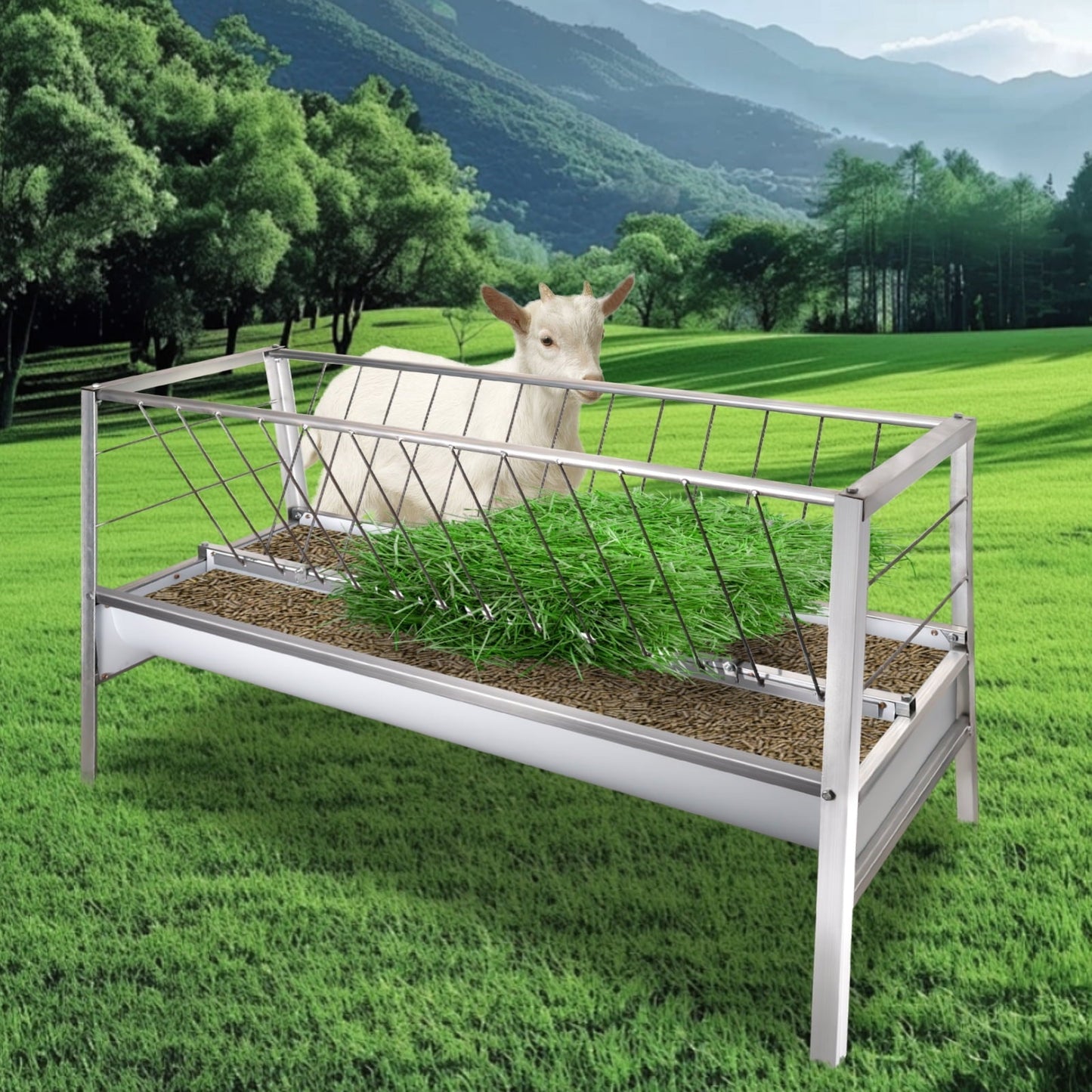 Heavy Duty 2-in-1 Goat Feeder - 77 Gallon Galvanized Steel Hay Feeder for Sheep, Horses & Farm Animals - Large Capacity Livestock Feeder with Spill Guard