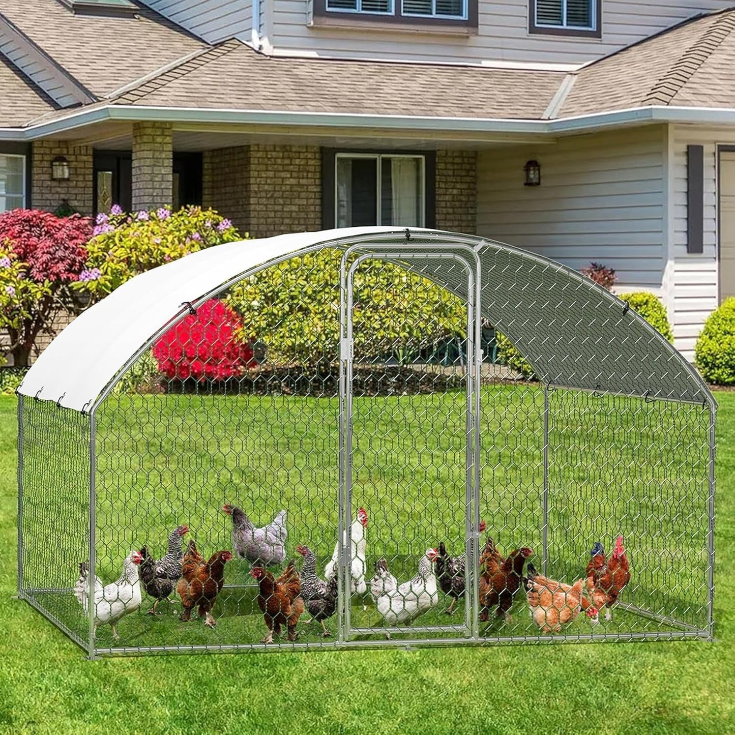Large Metal Chicken Coop, Doom Roof Large Chicken Run for Yard, Walk-in Poultry Cage with Waterproof and Anti-UV Cover, Chicken Pen for Outdoor Backyard Farm