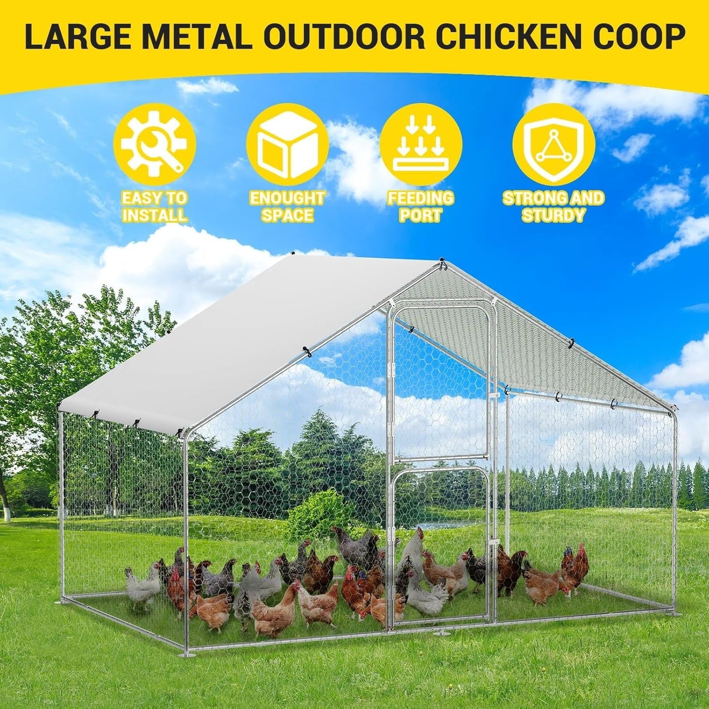 Pinypikaka Large Metal Chicken Coop Run with Double Doors & Waterproof and Anti-UV Roof Cover, 9.8' W x 6.5' D x 6.5' H Outdoor Walk-in Cage Peak Hen House for Yard Farm