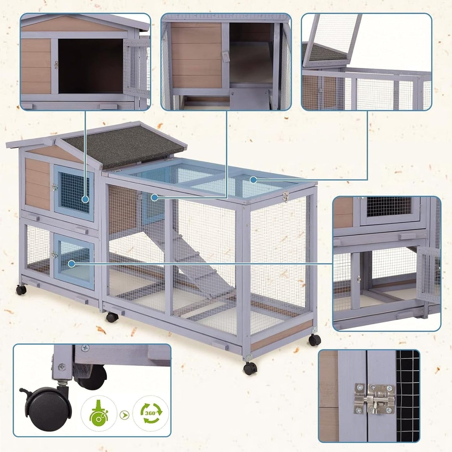 Rabbit Cage, Critter Cage, Two Tier 58" Wheeled Wooden Bunny Cage, Rabbit Hutch Outdoor with Waterproof Roof & 3 Sliding Bottom Trays for Easy Cleaning, Multi-Door Design, Grey