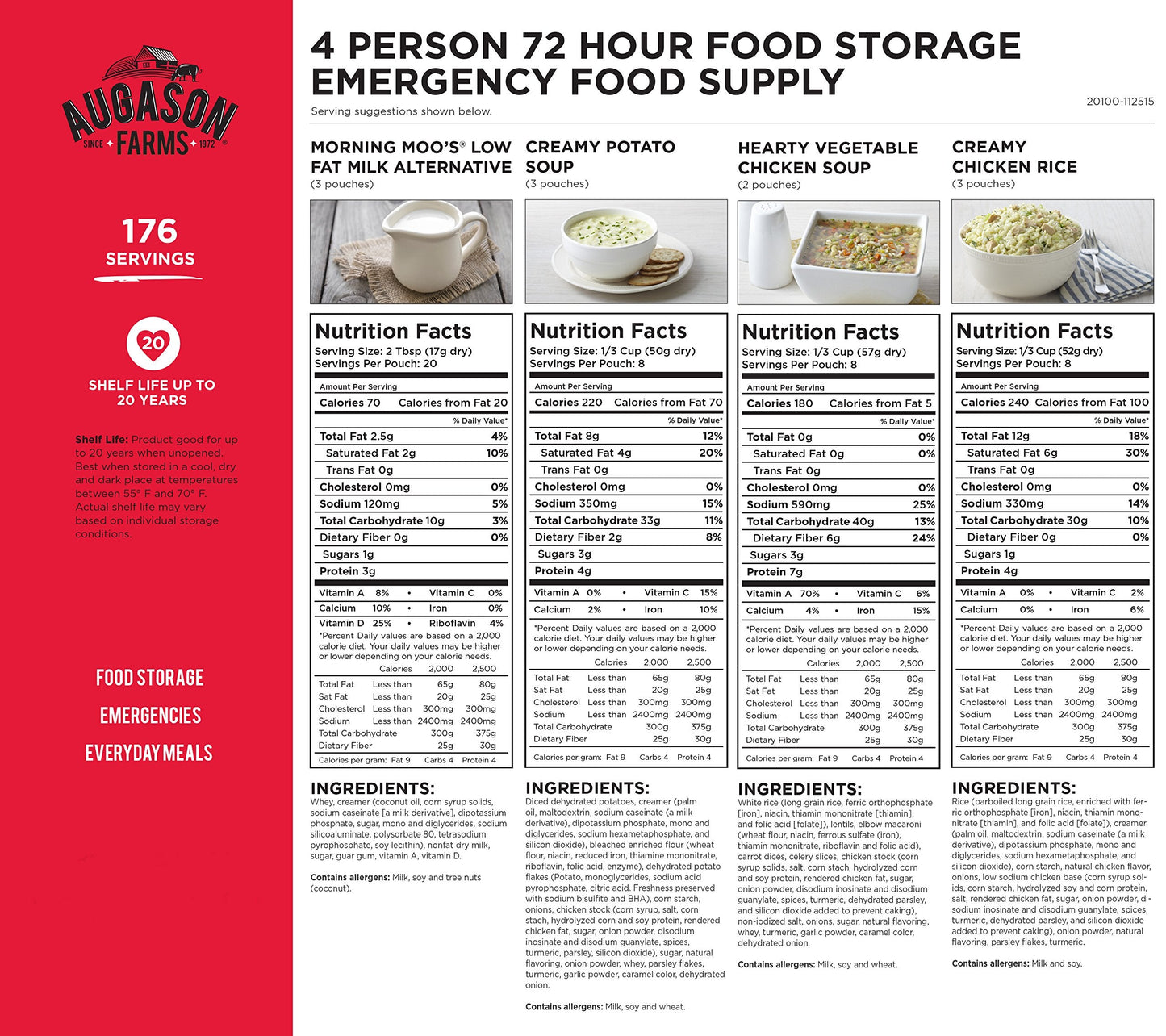 AUGASON FARMS Emergency Food Supply Bucket, 176 Servings, Dehydrated Meal Kit, Variety Pail, Long Shelf Life Just-Add-Water Meals for Prepping, Disaster Survival, Camping, Hiking, and More