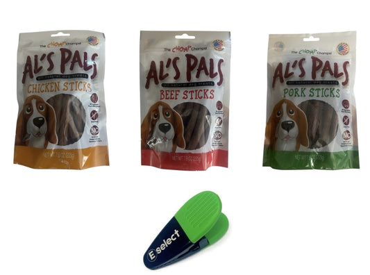 Al's Pal All Natural Dog Treats Bundle - Al's Pals Chicken Sticks 7.8 oz, Al's Pals Beef Sticks 7.8 oz, Al's Pals Pork Sticks 7.8 oz, bundled with Eselect Bag Clip