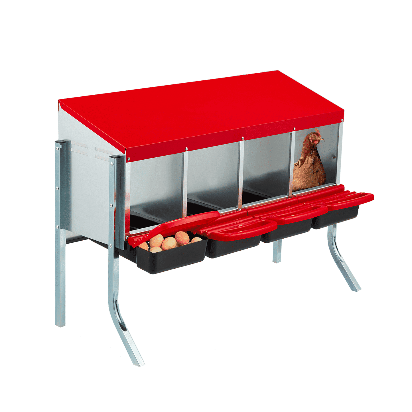 EROMMY Chicken Nesting Box, 4 Compartment Metal Chicken Laying Box, Chicken Brooder Box with Egg Collection for Chicken Coop, Wall Mount or Free Standing, Red
