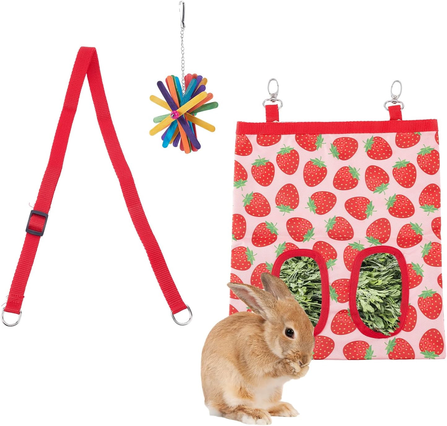Hanging Rabbit Hay Feeder Bag Storage Small Animal Hay Hanging Feeder Sack with 2 Holes Wooden Hanging Accessories for Cage Guinea Rabbit Guinea Pig Hamsters 9.84×11.02 inch DIY