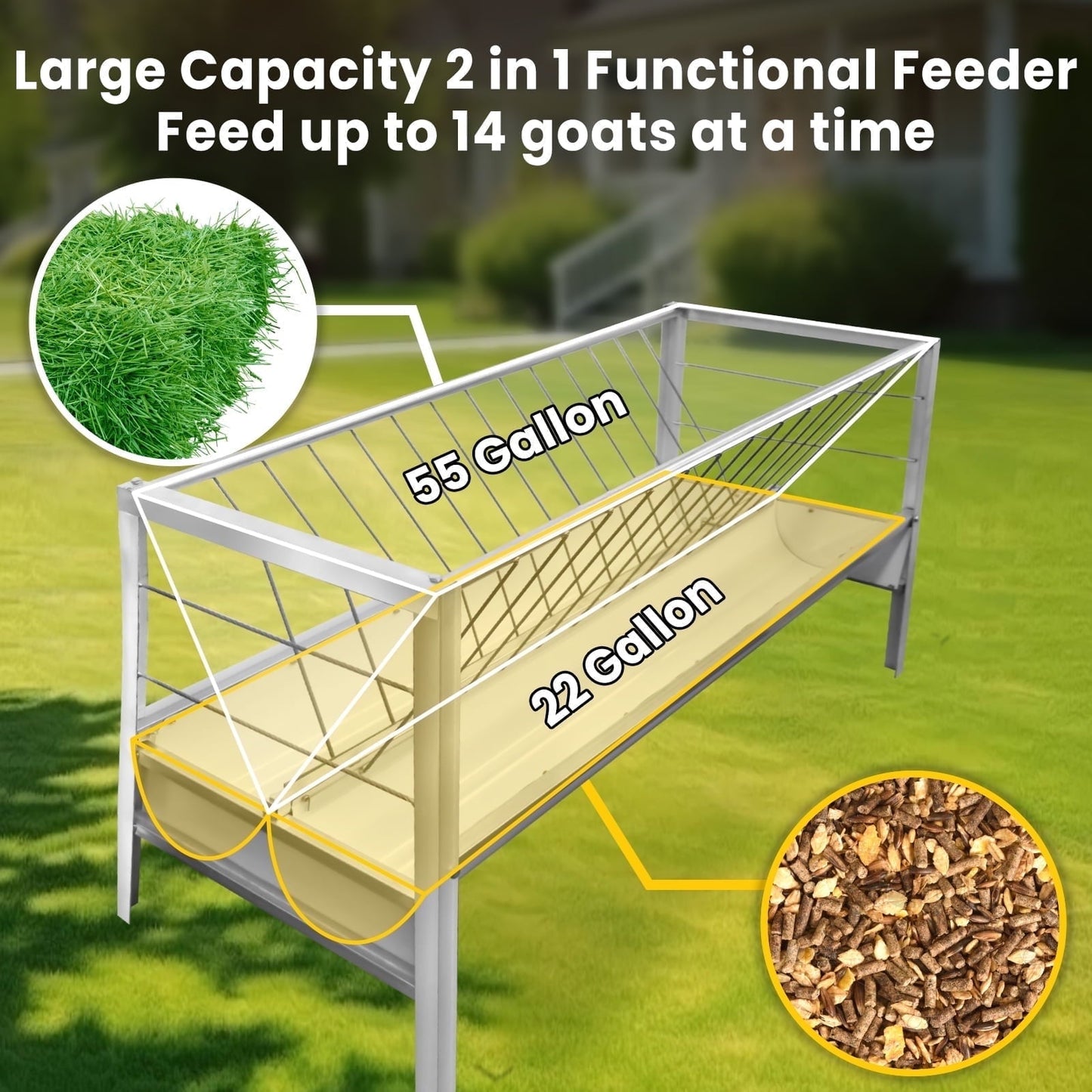 Heavy Duty 2-in-1 Goat Feeder - 77 Gallon Galvanized Steel Hay Feeder for Sheep, Horses & Farm Animals - Large Capacity Livestock Feeder with Spill Guard