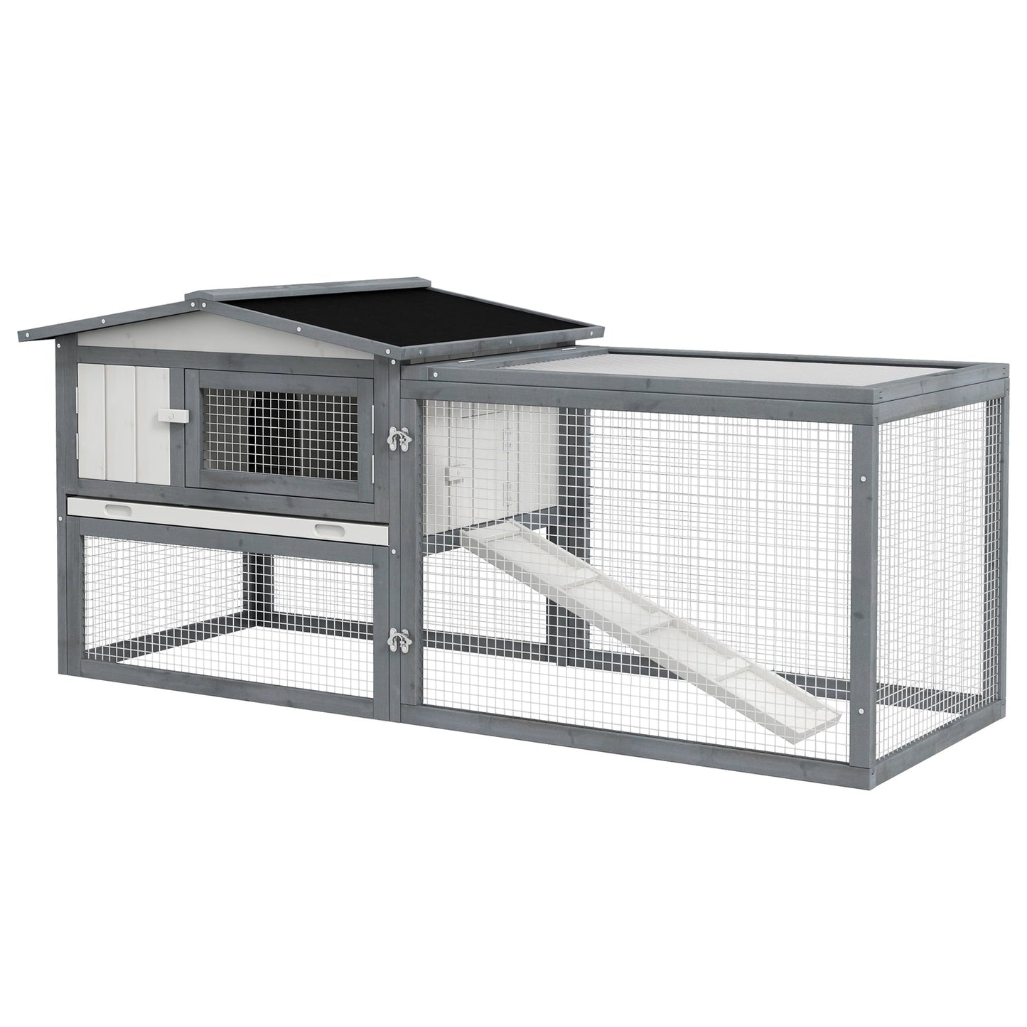 Historyli Go5H Large Wooden Rabbit Hutch, 2-Tier 61.4" Weather-Resistant Rabbit Cage With Feeding Trough, Guinea Pig Hutch With Sliding Tray, Ramp, Asphalt Roof