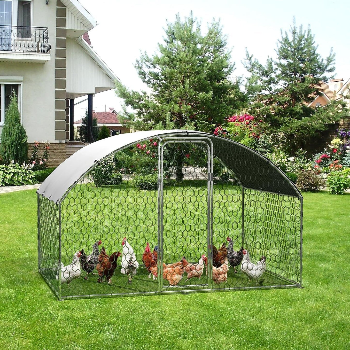 Large Metal Chicken Coop, Doom Roof Large Chicken Run for Yard, Walk-in Poultry Cage with Waterproof and Anti-UV Cover, Chicken Pen for Outdoor Backyard Farm