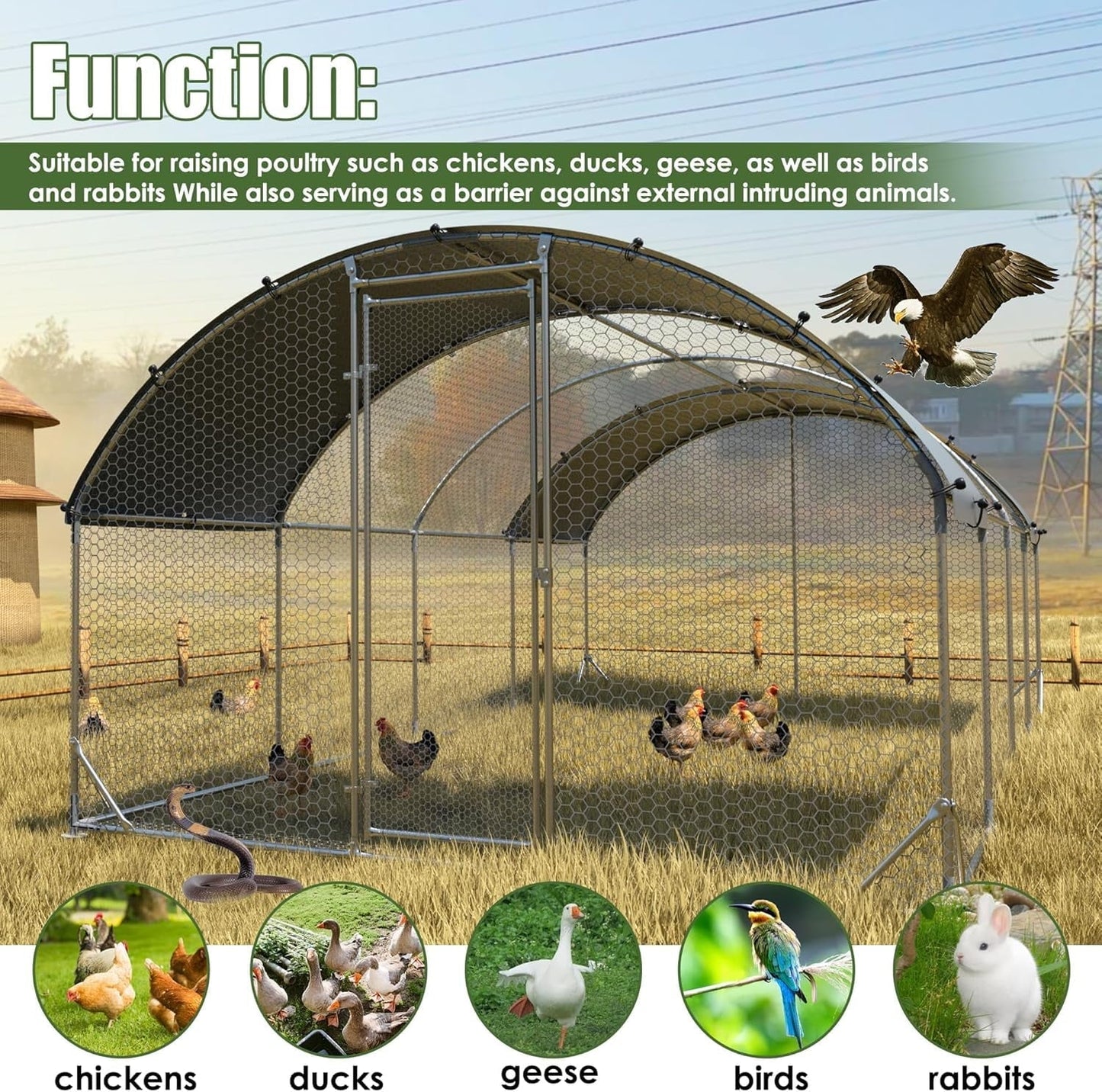 Large Metal Chicken Coop with Run for 30 Chickens, 9' x 25' x 6.5', Walk-in Poultry Cage with UV-Resistant Cover
