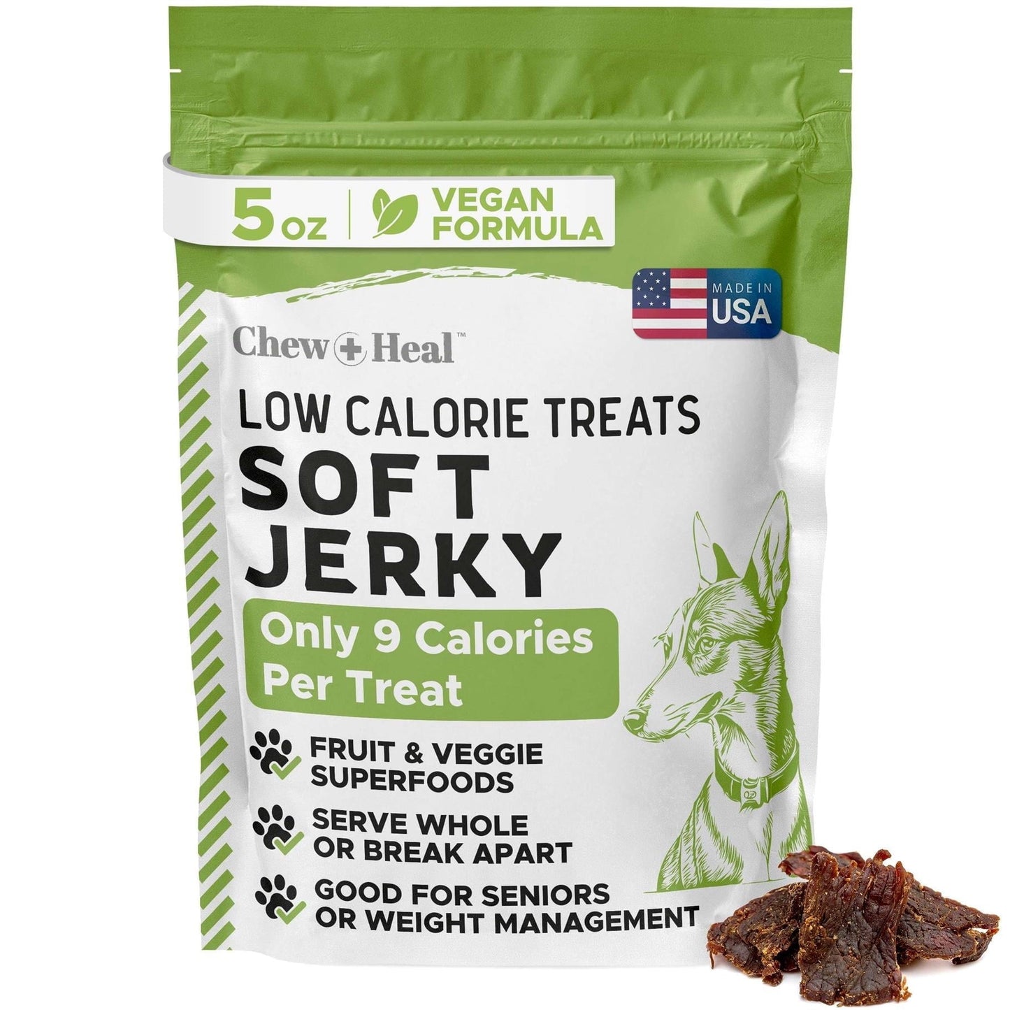 Chew + Heal Low Calorie Dog Jerky Treats - 5 oz of Plant Based Natural Dog Treats