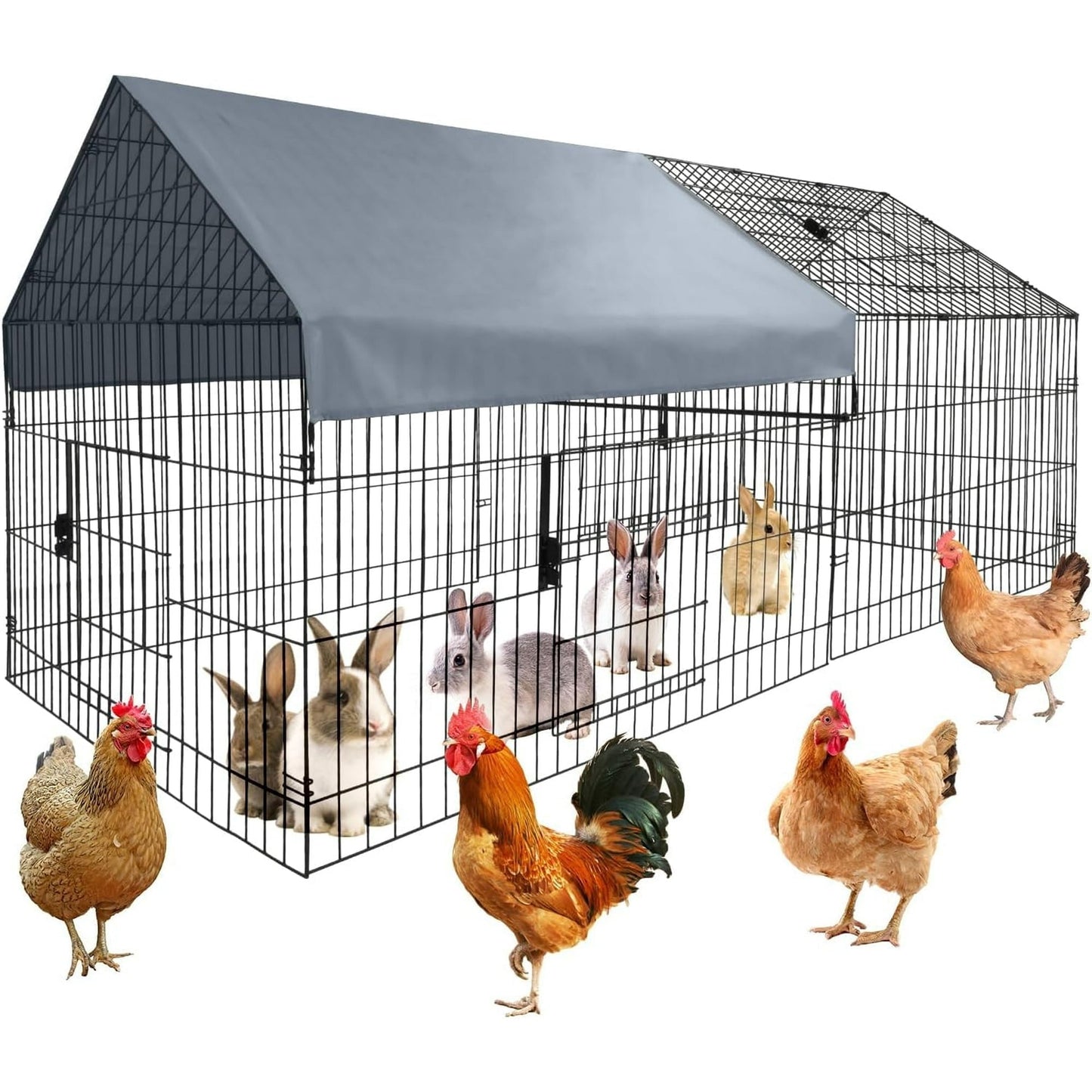 Lumiparty Portable Metal Chicken Coop, Spire Shaped Chicken Run Rabbits Habitat with Waterproof and Anti-Ultraviolet Cover for Backyard Farm, Black